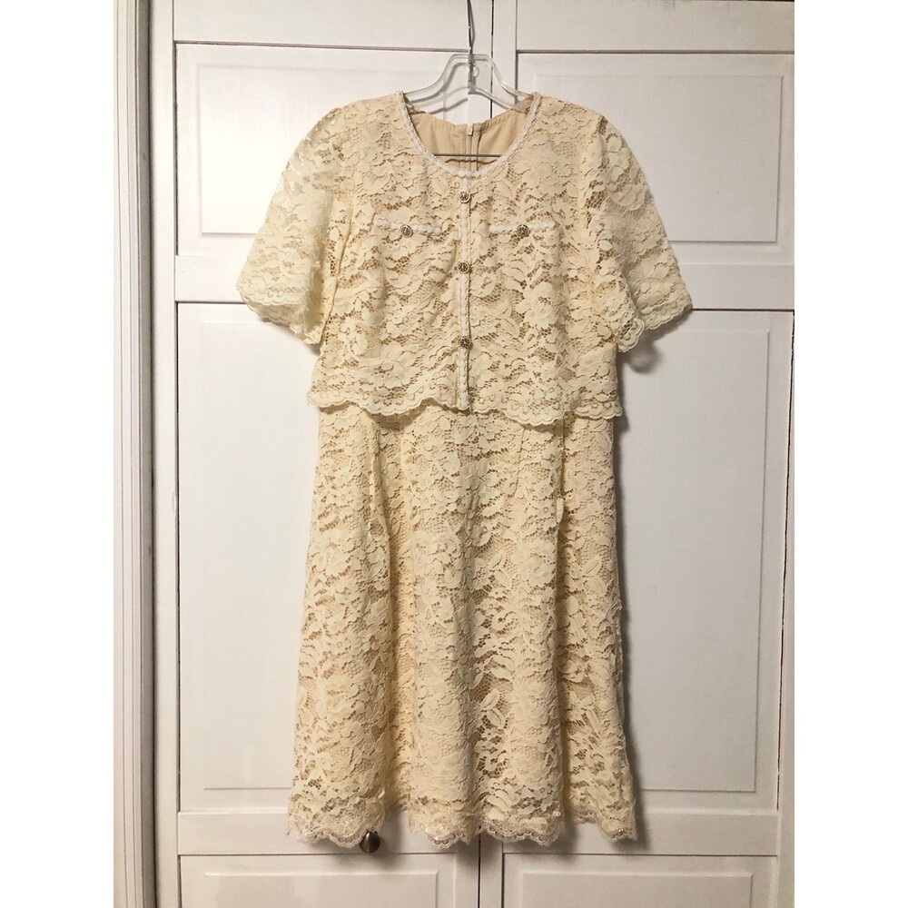 Lace Tiered Knee-Length Dress with Gold Button Detail - Size S